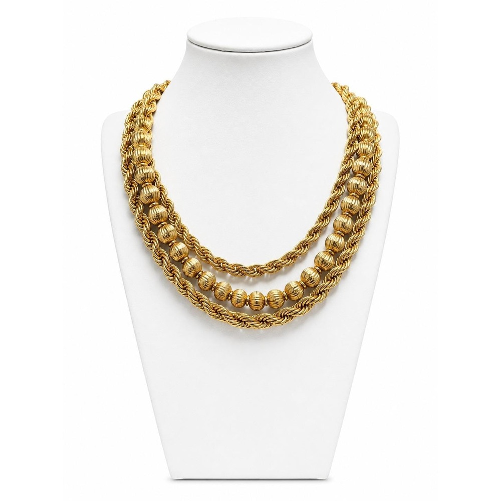 Vintage 1970s Gold Tone Multi Strand Beaded Statement Necklace Ribbed Beads
